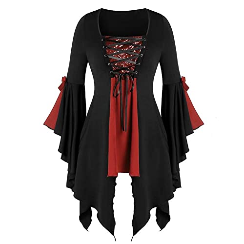 MODIURBAN Damen Halloween Gothic Criss Cross Pailletten Mais ÖSe Bandage TrompetenäRmel UnregelmäßIger Saum Hexenoberteil Rot Halloween Kostüm Rot L von MODIURBAN