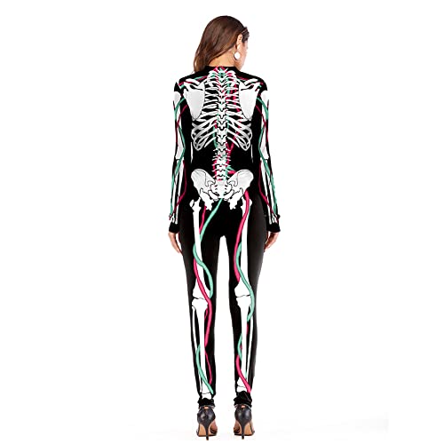 MODIURBAN Damen Halloween Kostüm Skelett Overall Jumpsuit Knochen Langarm Skinny Skeleton Catsuit Cosplay Overall Body Anzug Karneval Fasching Karneval Mottoparties Schwarz L von MODIURBAN