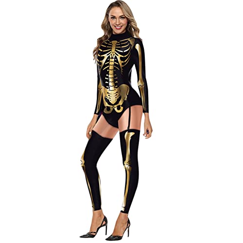 MODIURBAN Damen Halloween Kostüm Skelett Overall Lady Catsuit Knochen Langarm Skinny Catsuit Cosplay Overall Body Anzug Karneval Fasching Karneval Mottoparties Gold L von MODIURBAN