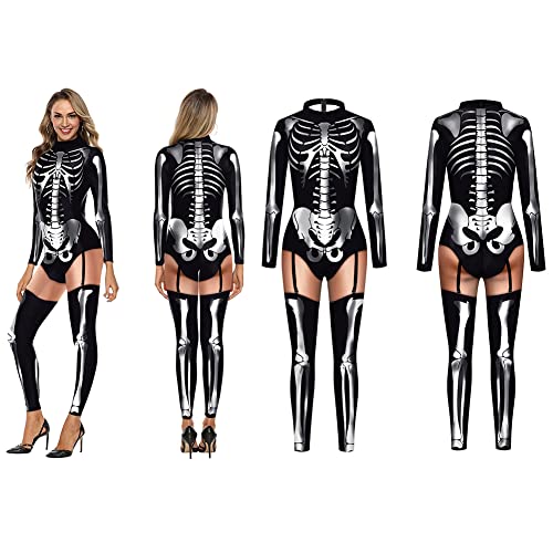 MODIURBAN Damen Halloween Kostüm Skelett Overall Lady Catsuit Knochen Langarm Skinny Catsuit Cosplay Overall Body Anzug Karneval Fasching Karneval Mottoparties Silber L von MODIURBAN