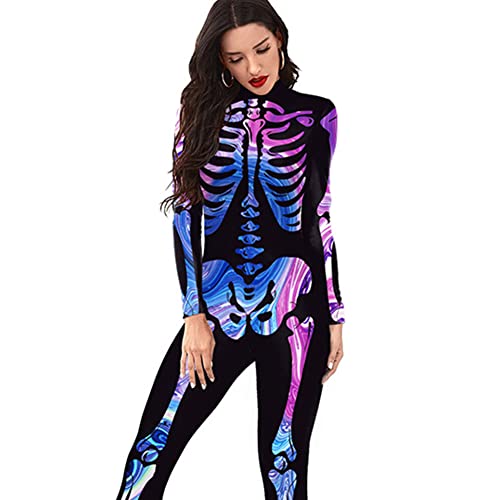 MODIURBAN Halloween Skelett Unisex Onesie für Erwachsene KostüM Skelett Jumpsuit Langarm Skinny Cosplay Knochen Overall Fasching Karneval Skeleton Bodysuit Schwarzblau L von MODIURBAN