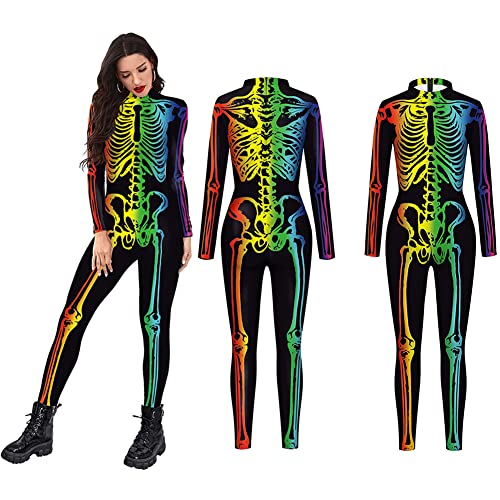 MODIURBAN Halloween Skelett Unisex Onesie für Erwachsene KostüM Skelett Jumpsuit Langarm Skinny Cosplay Knochen Overall Fasching Karneval Skeleton Bodysuit Schwarzgrün L von MODIURBAN