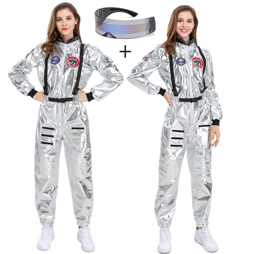 MODSGUE Damen Astronauten Kostüm Astronaut Ganzanzug Lang Weltall Ganzkörperanzug Raumfahrer Mode Kostüm für Karneval Halloween Fasching Mottoparty,Overall+Gläser von MODSGUE