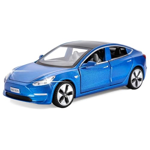 MODVKVK Tesla Model 3 1:32 Modellauto, Spielzeugauto mit Licht & Musik, Zurückziehfunktion, Legierungsdruckguss, Ideal für Kinder ab 3 Jahren & Sammler (Blau) von MODVKVK