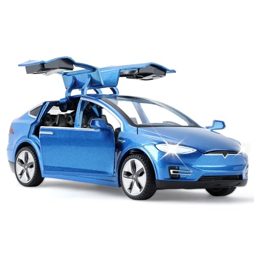 MODVKVK Tesla Model X 1:32 Modellauto, Spielzeugauto mit Licht & Musik, Zurückziehfunktion, Legierungsdruckguss, Ideal für Kinder ab 3 Jahren & Sammler (Blau) von MODVKVK