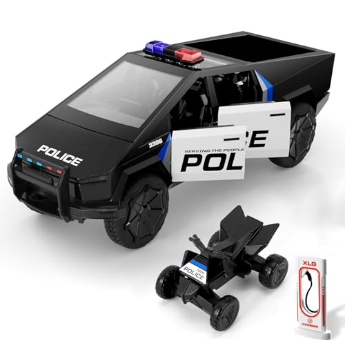 MODVKVK Tesla Cybertruck 1:24 Modellauto, Spielzeugauto Polizei Cyber Truck mit Licht & Musik, Zurückziehfunktion, Legierungsdruckguss, Ideal für Kinder ab 3 Jahren & Sammler (Schwarz) von MODVKVK