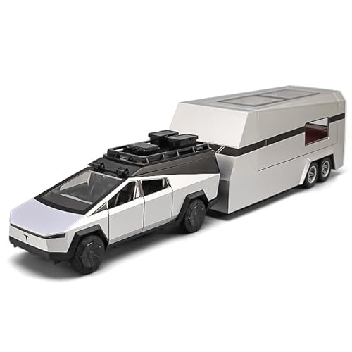 MODVKVK Tesla Cybertruck 1:24 Modellauto mit Motorrad und Ladestation, Mehrstöckiges Camping-Display, Spielzeugauto Trucks mit Licht & Musik, Zurückziehfunktion, Tolles Kinder ab 3 Jahren (Silber) von MODVKVK