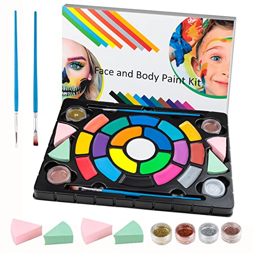 Kinderschminke Set, 19 Farben Professionelle Gesichts- und Körperfarben auf Wasserbasis, Halloween Schminkfarben Mädchen Junge 4 Glitzer 4 Schwämme und 2 Pinsel Bodypainting Face Paint von MOEMOE BABY