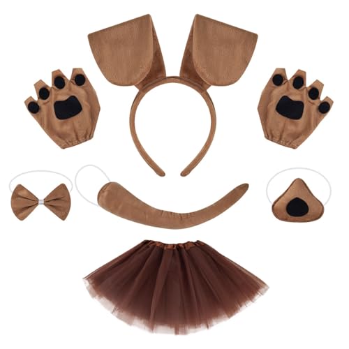 MOIDHSAG Kinder-Hundekostüm-Set mit Hundeohren, Stirnband, Schwanz, Fliege, Nasenrock, Halloween, Tier, Hunde-Outfit, Zubehör für Damen und Mädchen von MOIDHSAG