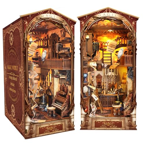 Book Nook DIY Kit, MOJINO Puppenhaus Holz Booknook Miniatur Haus Kit mit Möbeln und LED-Licht Magische Welt 3D Puzzle Buchstützen aus Holz Geschenkdekoration für Jugendliche von MOJINO