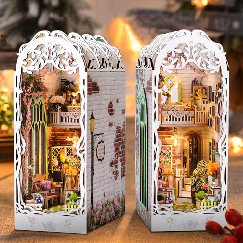 MOJINO Book Nook DIY Kit, Garden Tiny House Blumenhaus DIY Puppenhäuser Miniatur Haus 3D Puzzle Buchstützen aus Holz mit Möbeln und LED-Licht Miniatur Kit Für Erwachsene Teens (Blumenhaus) von MOJINO