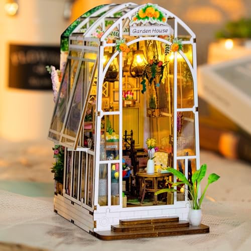 MOJINO Book Nook DIY Kit, Gartenhaus Puppenhäuser Miniatur Haus Diorama Modelbau für Erwachsene Booknook mit Möbeln und LED-Licht Miniatur Kit Für Erwachsene Teens (Gewächshausgarten) von MOJINO