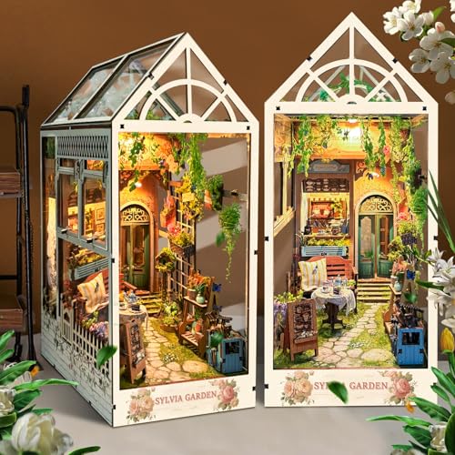 MOJINO Book Nook DIY Kit, Puppenhaus Mini Gewächshaus Buchstützen 3D Puzzles Holz Modellbausatz Weihnachten Geburtstag Geschenke mit Möbeln und LED-Lich (Sonnenschein Garten) von MOJINO