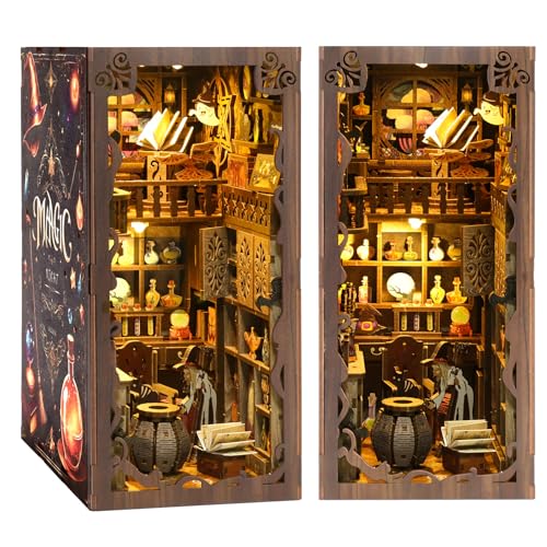 MOJINO DIY Book Nook Kit, Magic Dust Bastelset Erwachsene mit Möbeln und LED-Licht Buchstütze Modell Kits für Erwachsene zu Bauen Geschenke 3D Holzpuzzle Bücherecke (Nacht der Magie) von MOJINO