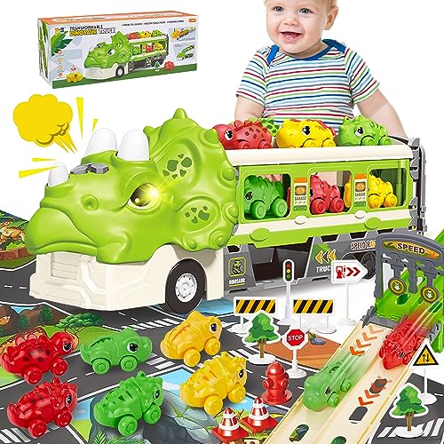 MOJINO Dinosaurier Transportwagen Spielset, Triceratops Dinosaurier Spielzeug mit 6 Dino Figuren, Aktivitäts Spielmatte,Dinosaurier Autospielzeug für Jungen Mädchen ab 3 4 5 6 7 8 Jahre. von MOJINO