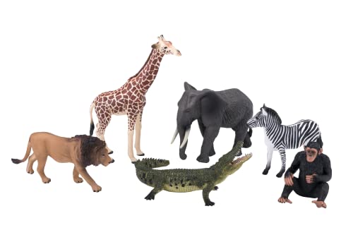 MOJO - Safari Spielset mit 6 Figuren: Giraffe, Zebra, Löwe, Krokodil, Elefant, Schimpanse | Handbemalte Spielfiguren | Wildlife | Lebensecht & Hochdetailliert | Entworfen im Vereinigten Königreich von MOJO