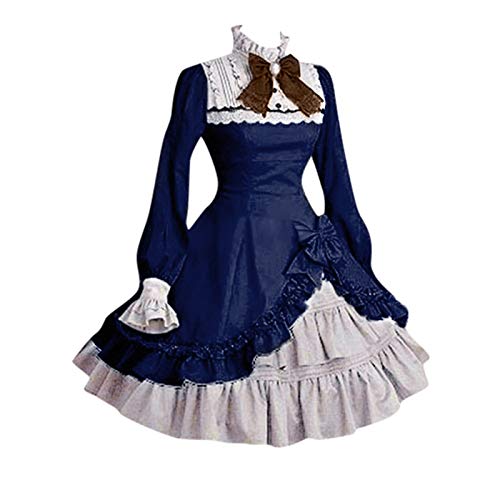 MOKBAY Coole Karnevalskostüme Damen Halloween Kostüm Erwachsene Gothic Vintage Kleidung Damen Große Größen Langarm Bowtie Hexenrock Goth Kleid Cosplay Women Costume Vampire Maid Dress Blau 3XL von MOKBAY