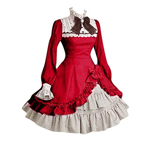 MOKBAY Coole Karnevalskostüme Damen Halloween Kostüm Erwachsene Gothic Vintage Kleidung Damen Große Größen Langarm Bowtie Hexenrock Goth Kleid Cosplay Women Costume Vampire Maid Dress Rot M von MOKBAY