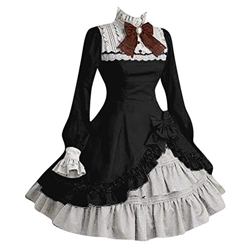 MOKBAY Coole Karnevalskostüme Damen Halloween Kostüm Erwachsene Gothic Vintage Kleidung Damen Große Größen Langarm Bowtie Hexenrock Goth Kleid Cosplay Women Costume Vampire Maid Dress Schwarz XXL von MOKBAY