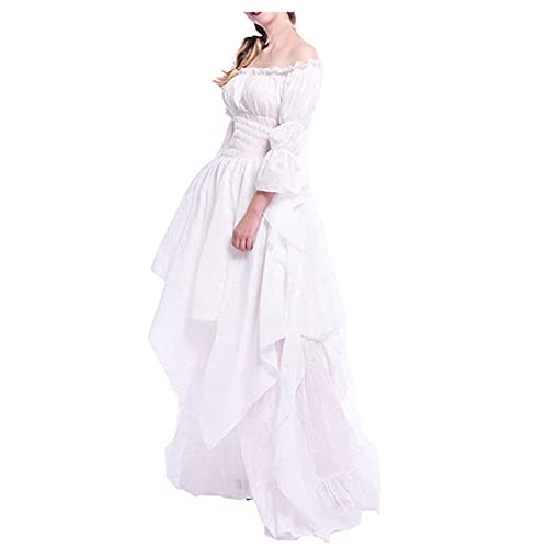 MOKBAY Damen Halloween Kostüm Elegantes Langarm Bell Sleeve Mittelalter Kleidung Off Shoulder Einfarbig Prinzessin Retro Style Halloween Kostüm Erwachsene Schulterfrei Women Weiß XXL von MOKBAY