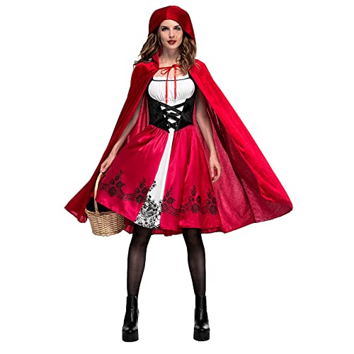 MOKBAY Halloween Anzug Damen Fasching Kostüm Cosplay Mit Kapuze Halloween Kostüm Erwachsene Ball Party Bandage Shawl Dress Suit Women Costume Rock Große Größen Women Festival Outfit Rot L von MOKBAY