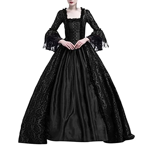 MOKBAY Halloween Kostüm Kleid Erwachsene Mittelalter Elegantes für Cosplay Karneval Halloween Kostüm Damen Große Größen Langarm Square Neck Hexe Vintage Costume Vampir Women Dress Schwarz L von MOKBAY