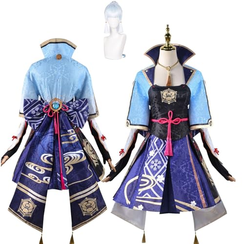 MOLUCI Genshin Impact Cosplay Set,Spiel Charakter Kamisato Ayaka Cosplay Uniform Full,Halloween Karneval Party Kleid,Mit Perücke,Frauen Mädchen Dress Up,Blau,3XL von MOLUCI