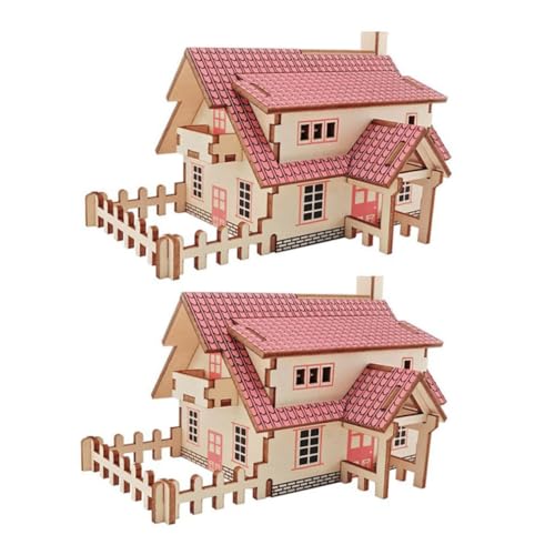 MOLUCKFU 2 Sets Holzpuzzle Spielzeug Modelle Puzzles Modellhandwerk DIY Holzornamente Holzhaus Modellornamente Holzmontagehäuser DIY Montagehäuser Rot von MOLUCKFU