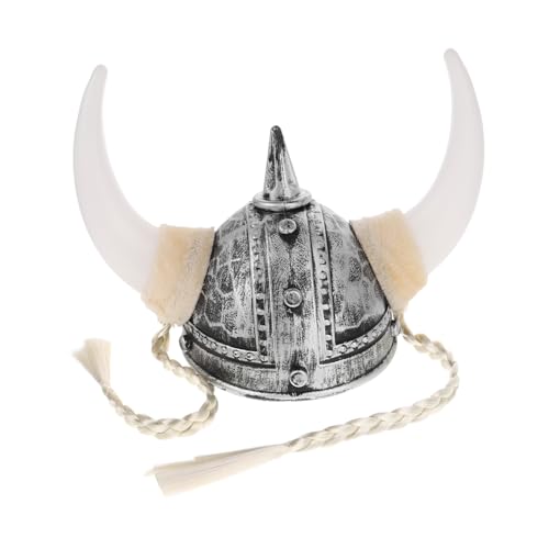 MOLUCKFU Wikinger Hornhut Wikingerhelm mit Hörnern Wikingerhut montiert Rinderhut Wikinger Thema Hut mit Geflochtenen Zöpfen Maskenball Hut Ochsenhornkappen Hut für Cosplay Plastik Silver von MOLUCKFU