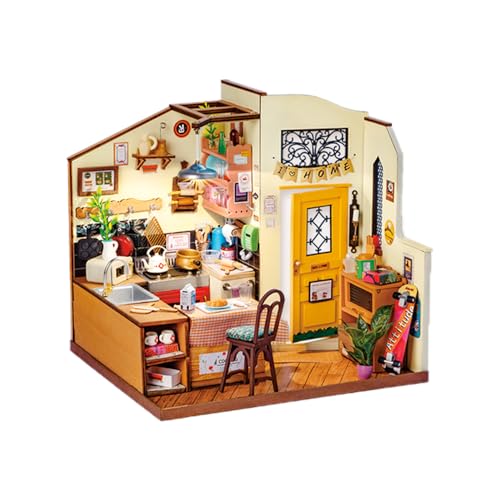 Bastelhütte, Puppenhaus-Miniatur mit Möbeln, DIY-Holzhandwerk, magisches Puppenhaus, Mini-Handarbeitsset mit staubdichter Abdeckung und Musikwerk, kreative Raumidee im Maßstab 1:24, Geschenk für Freun von MOLVUS