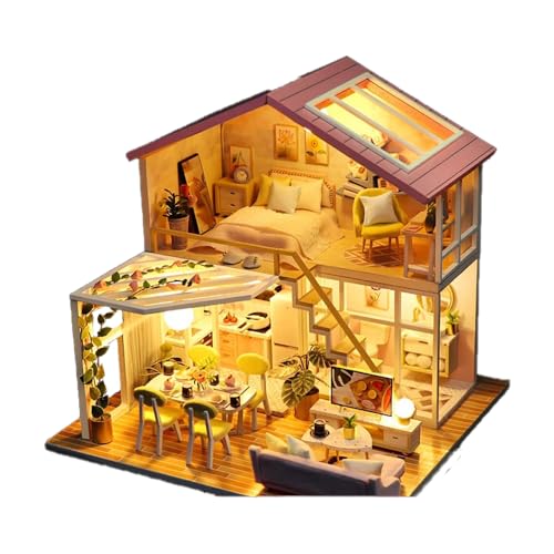 Chalet Cottage, Puppenhaus-Miniatur mit Möbeln, DIY-Holzhandwerk, magisches Puppenhaus, Mini-Handarbeitsset mit staubdichter Abdeckung und Musikwerk, Maßstab 1:24, kreative Raumidee, Geschenk für Freu von MOLVUS