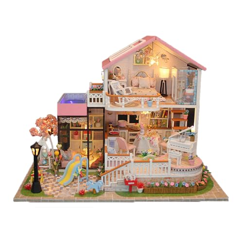 Chalet Cottage, Puppenhaus-Miniatur mit Möbeln, DIY-Holzhandwerk, magisches Puppenhaus, Mini-Handarbeitsset mit staubdichter Abdeckung und Musikwerk, Maßstab 1:24, kreative Raumidee, Geschenk für Freu von MOLVUS