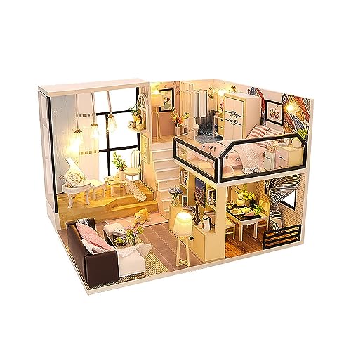 DIY-Puppenhaus-Miniatur-Holzmöbel-Bausatz mit Staubschutzhülle und LED-Leuchten, Mini-handgefertigtes Puppenhaus-Spielzeug aus Holz im Maßstab 1:24, kreative Raumidee, Geschenk für Erwachsene Freunde von MOLVUS