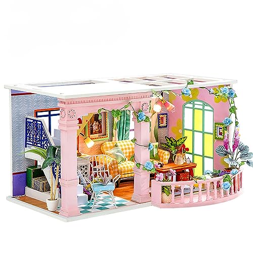 DIY-Puppenhaus-Miniaturbausatz, 3D-Miniaturhaus aus Holz, Miniatur-Puppenhausbausatz, ausgestattet mit Holzmöbeln und LED-Leuchten, dekorative kreative Geschenke (Spring Gallery) von MOLVUS