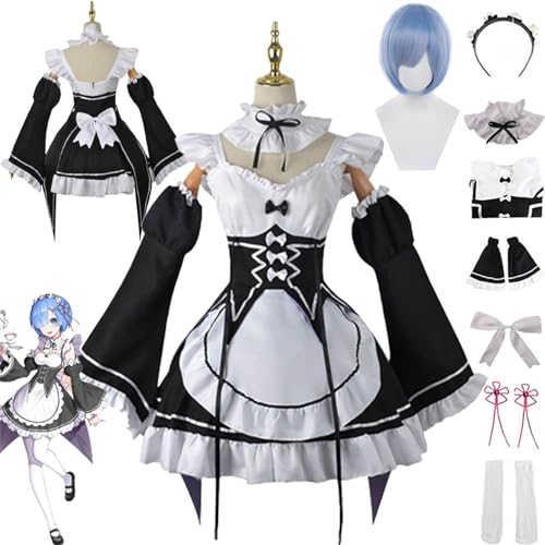 MOLVUS Anime Rem Ram Kostüm, Re Life In A Different World from Zero Dienstmädchenkostüm, komplettes Uniformset, Halloween-Party-Outfit mit Perücke, Karnevalsparty-Accessoire von MOLVUS