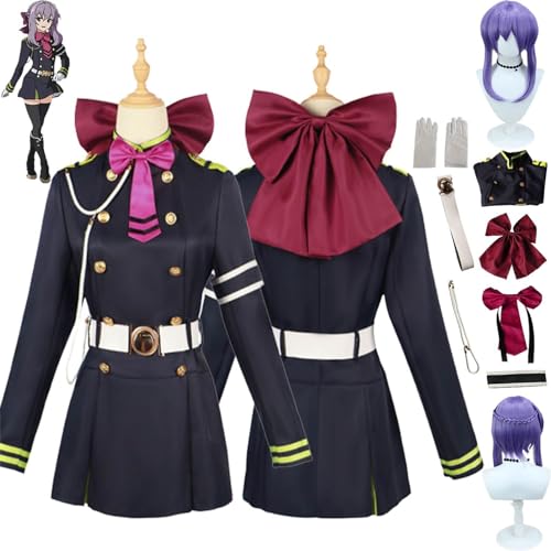 MOLVUS Anime Seraph of The End Shinoa Hiiragi Cosplay-Kostüm, Outfit, Schwarze Uniform, komplettes Set, Halloween, Karneval, Verkleidung, Anzug mit Kopfbedeckung, Perücke für Anime-Fans von MOLVUS