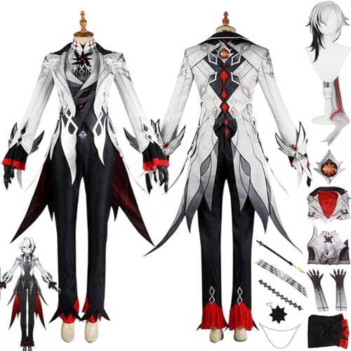 MOLVUS Genshin Impact Arlecchino Cosplay-Kostüm, Outfit, Spielfigur Kaeya, Uniform, komplettes Set, Halloween-Party, Verkleidungsanzug mit Ohrring, Perücke, Kopfbedeckung für Anime-Fans von MOLVUS