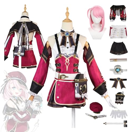 MOLVUS Genshin Impact Charlotte Cosplay Kostüm Komplettset mit Perücke und Hüten Genshin Charlotte Cosplay Verkleidung Charlotte Cosplay Uniform Halloween Karneval Party von MOLVUS