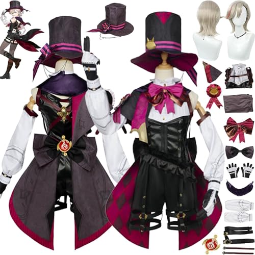 MOLVUS Genshin Impact Lyney Cosplay Kostüm Outfit Spielcharakter Uniform Overall Komplettset Halloween Party Karneval Verkleidung Anzug mit Hut Perücke von MOLVUS