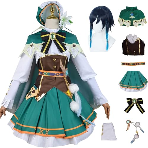 MOLVUS Spiel Genshin Impact Venti Cosplay-Kostüm, Genshin-Themen-Venti-Halloween-Komplettset Dienstmädchenkleid Kimono-Umhang mit Zubehör, Venti Cosplay-Outfits Anzug Robe Lolita-Kleid von MOLVUS