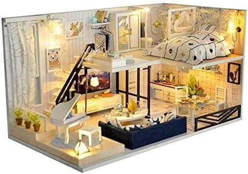 Mini-Puppenhaus-Bausatz zum Selbermachen, Puppenhaus-Zimmerbausatz mit LED-Leuchten, bester Hausbausatz zum Selbermachen und Möbel für den Geburtstag, Größe: 16,5 x 30 x 17 cm, Puppenhaus-Puzzle-Herau von MOLVUS