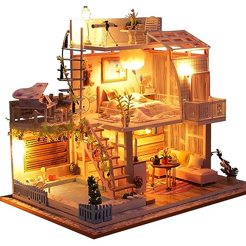 Miniatur-Puppenhaus-Bausatz zum Selbermachen, handgefertigter Puppenhaus-Bausatz zum Selbermachen, kommt mit Staubschutzhülle und LED-Leuchten, Maßstab 1:24, kreatives Raumgeschenk für Freunde, Liebha von MOLVUS