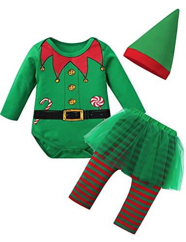 MOMBEBE COSLAND Weihnachtsoutfit Baby Weihnachtselfen-Kostüm für Mädchen, Grün, 0-3 Monate(60-68) von MOMBEBE COSLAND