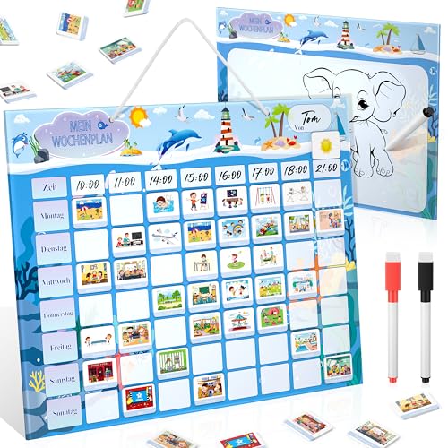 MOMSIV Wochenplaner Kinder - Montessori Magnettafel Kinder, Magnetisches Saugspielzeug-Set inkl. 216 Routinen Magnete Wöchentliche und Tägliche Aktivitäten für Kind zu Planen, Blau Ozean von MOMSIV