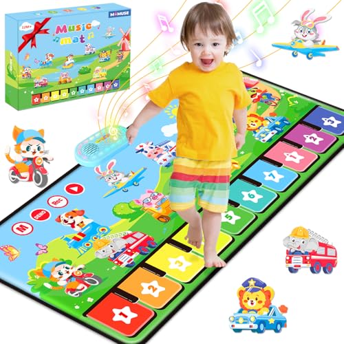 MOMUSE Baby Spielzeug ab 1 Jahr mit 80 Tönen, Große Musikmatte mit 10 Tiere & 10 Autos, Klaviermatte Musikspielzeug ab 1 2 3, Tanzmatte Kinder Geschenke für Jungen Mädchen (110cm*45cm) von MOMUSE