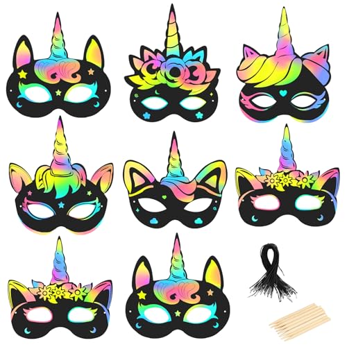 MONCAP 24pcs Einhorn Masken Kratzbilder Maske Kinder Einhorn Partymasken Kratzpapier Regenbogen Scratch Art für Kinder Basteln Geschenk Geburtstag Karneval Halloween Einhorn Cosplay Party von MONCAP