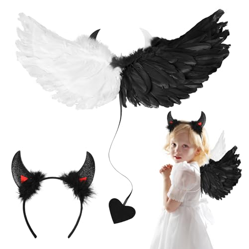 MONCAP 2STK Halloween Teufel Flügel Kostüm Kinder Halloween Teufelsflügel Mädchen Schwarz Weiß Teufel Flügel mit Teufel Ohren Teufelskostüm für Mädchen Halloween Party Cosplay Fasching Maskerade von MONCAP