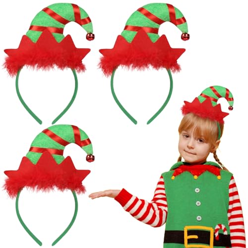 MONCAP 3STK Weihnachtself Haarreifen Weihnachten Elf Stirnband Weihnachtselfenhut Haarreif Weihnachtswichtel Kopfbedeckung Weihnachtshaarschmuck für Kinder Erwachsene Weihnachtsfeier Karneval Party von MONCAP