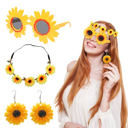 MONCAP 3pcs Sonnenblumen Kostüm Damen Sonnenblumen Stirnband Sonnenblumen Haarschmuck Haarreif Sonnenblumen Hippie Accessoires mit Sonnenbrille für Karneval Fasching Party 60er 70er Kostüm Zubehör von MONCAP