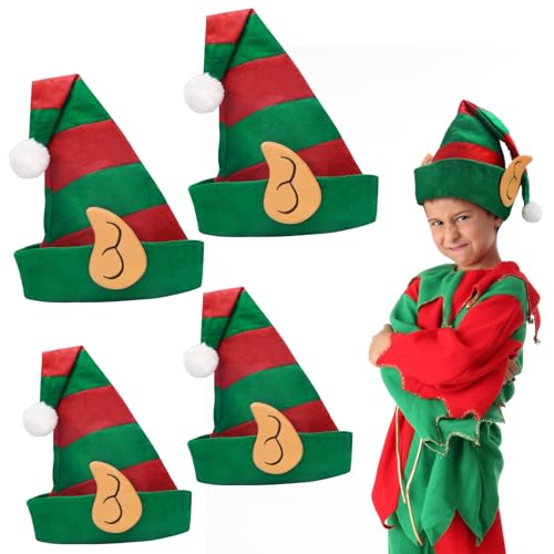 MONCAP 4 Stück Weihnachtself Hut Elfenmütze Weihnachtselfenhut mit Ohren Weihnachten Elf Mütze Wichtelmütze Weihnachtsmütze für Kinder Erwachsene Weihnachten Weihnachtsfeier Karneval Party von MONCAP